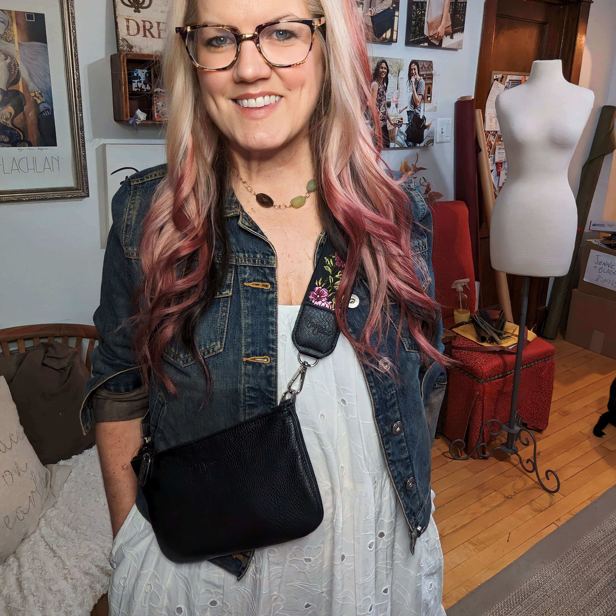 Mini Crossbody Bag in Black, full-grain leather, shown as a Crossbody with a Floral Lizzy strap by designer Brynn Capella