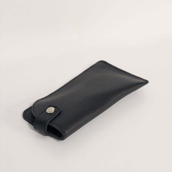 Allison Leather Eyeglass Case in black, slim design with snap closure, perfect for storing eyeglasses securely.
