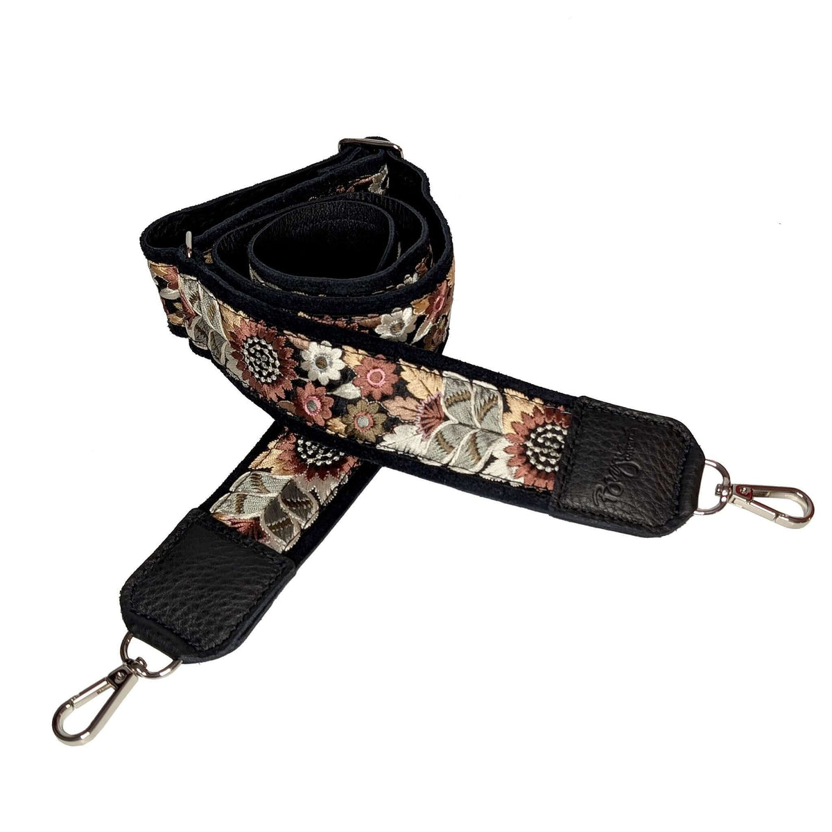 Lizzy Guitar Bag Strap - Black Sunflower, adjustable guitar bag strap with floral design and leather trim.