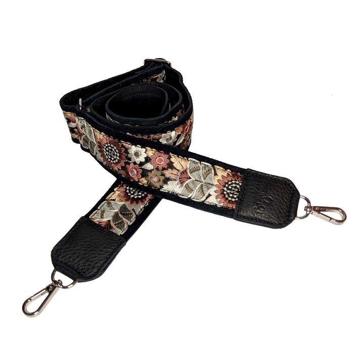 Lizzy Guitar Bag Strap - Black Sunflower, adjustable guitar bag strap with floral design and leather trim.