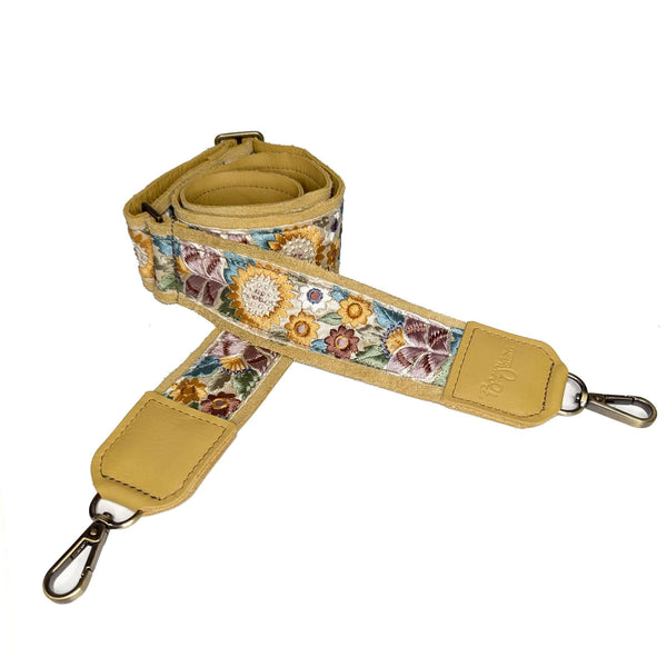 Lizzy Guitar Bag Strap - Golden Sunflower design, leather trimmed, adjustable guitar bag strap.