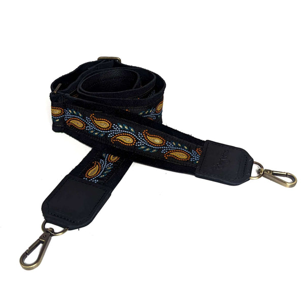 Lizzy Guitar Bag Strap - Golden Paisley, a stylish black strap with intricate woven patterns, perfect for enhancing your guitar bag.