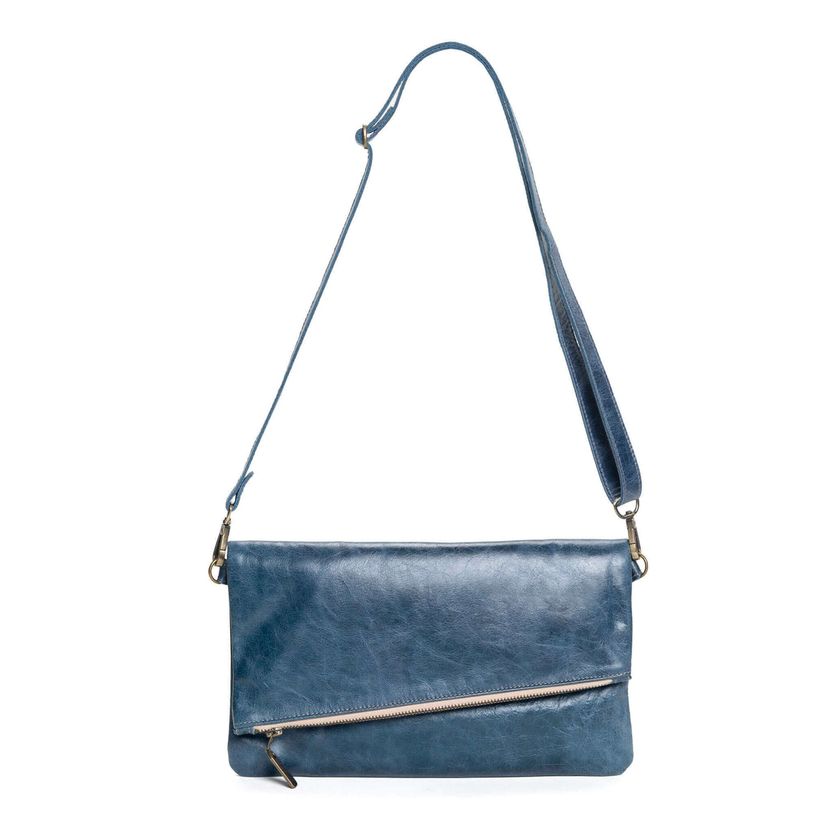 Leather Foldover Crossbody bag, clutch, blue, made in USA, Handbags, Small Crossbody, Brynn Capella