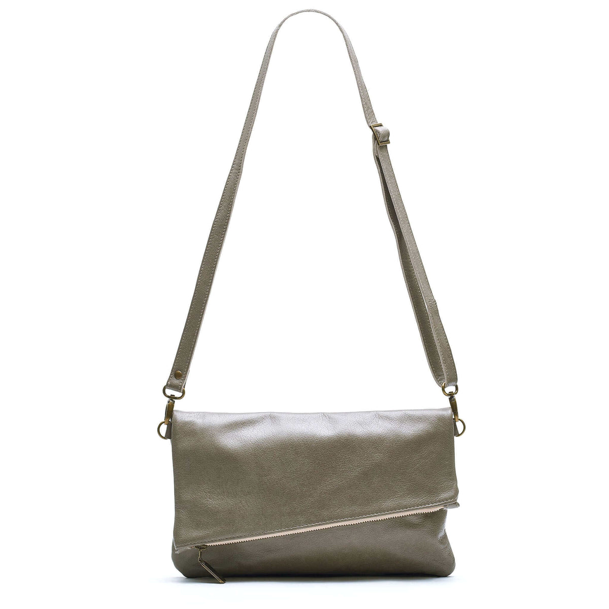 Leather Foldover Crossbody bag, clutch, grey, made in USA, Handbags, Small Crossbody, Brynn Capella