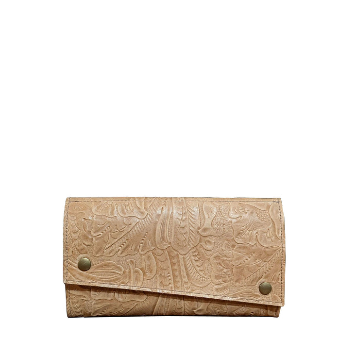 Kimerly tri-fold wallet in floral leather design, modern and stylish leather wallet for organized storage.
