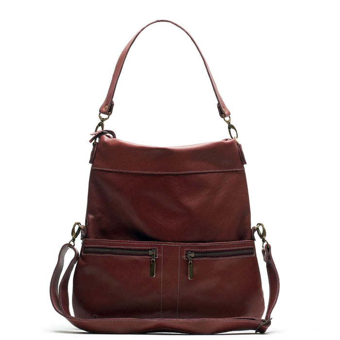Original Lauren 6-in-1 Leather Crossbody Bag in Merlot with adjustable strap and multiple pockets.