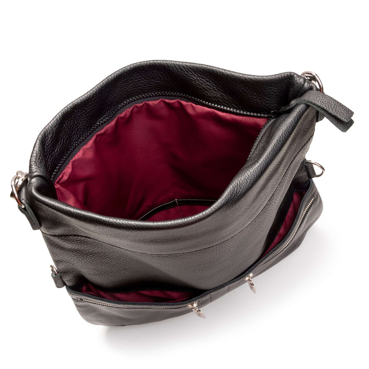 Inside view of the Original Lauren leather crossbody bag featuring a rich burgundy lining.