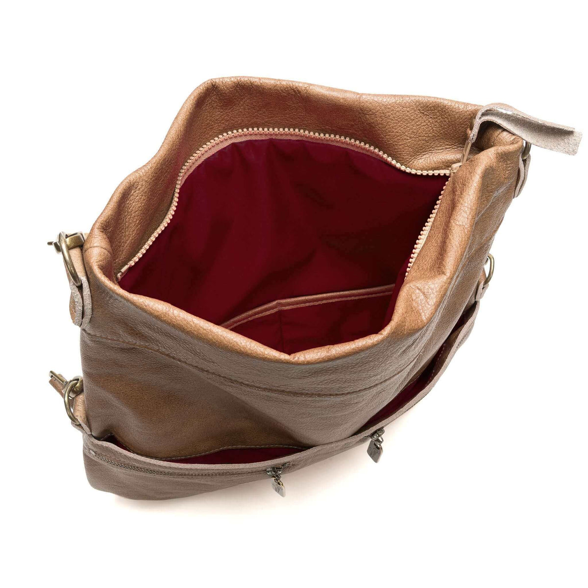 Interior view of the Original Lauren 6-in-1 Leather Crossbody Bag, featuring a rich burgundy lining.
