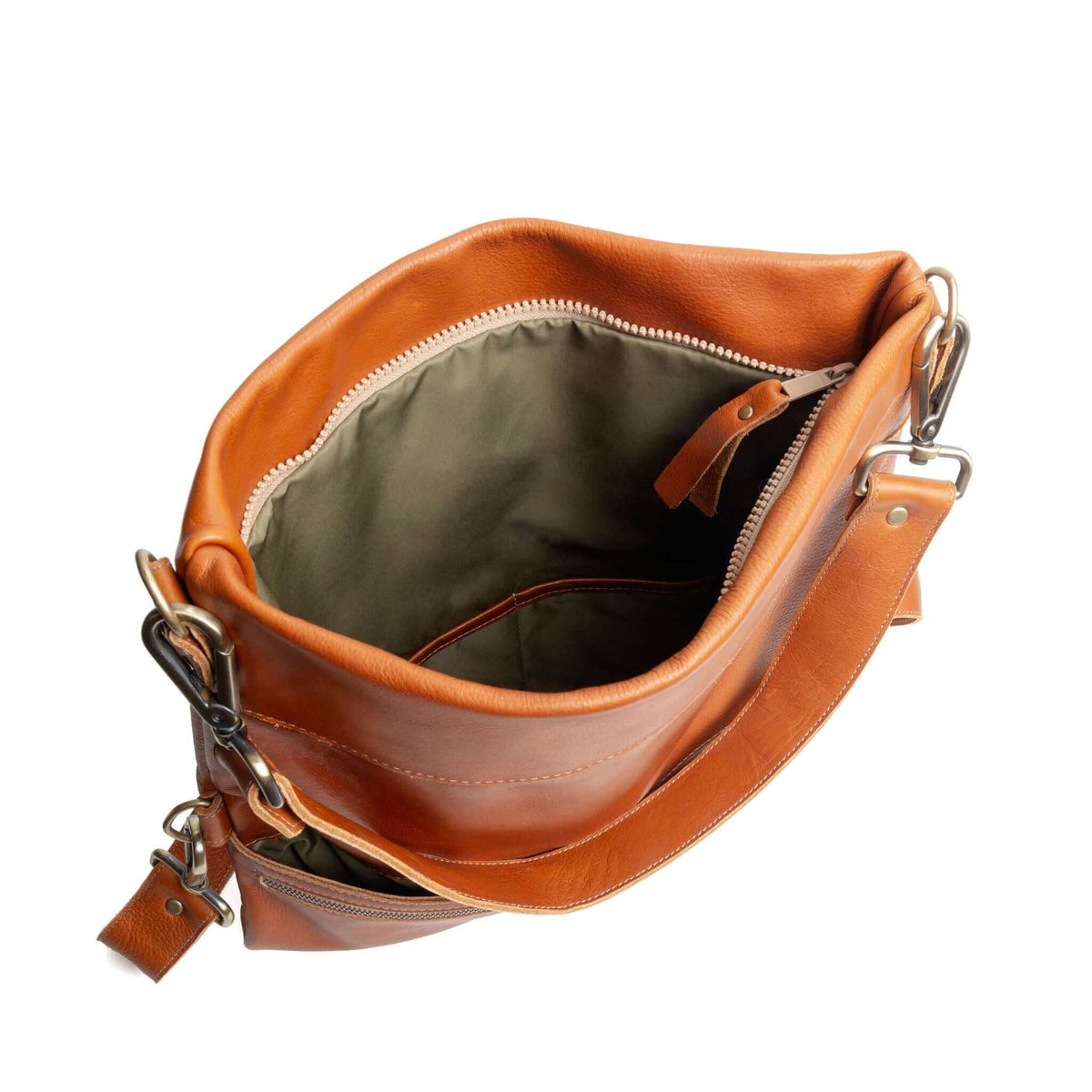 Interior view of the Original Lauren 6-in-1 Convertible Leather Crossbody Bag in Whiskey.