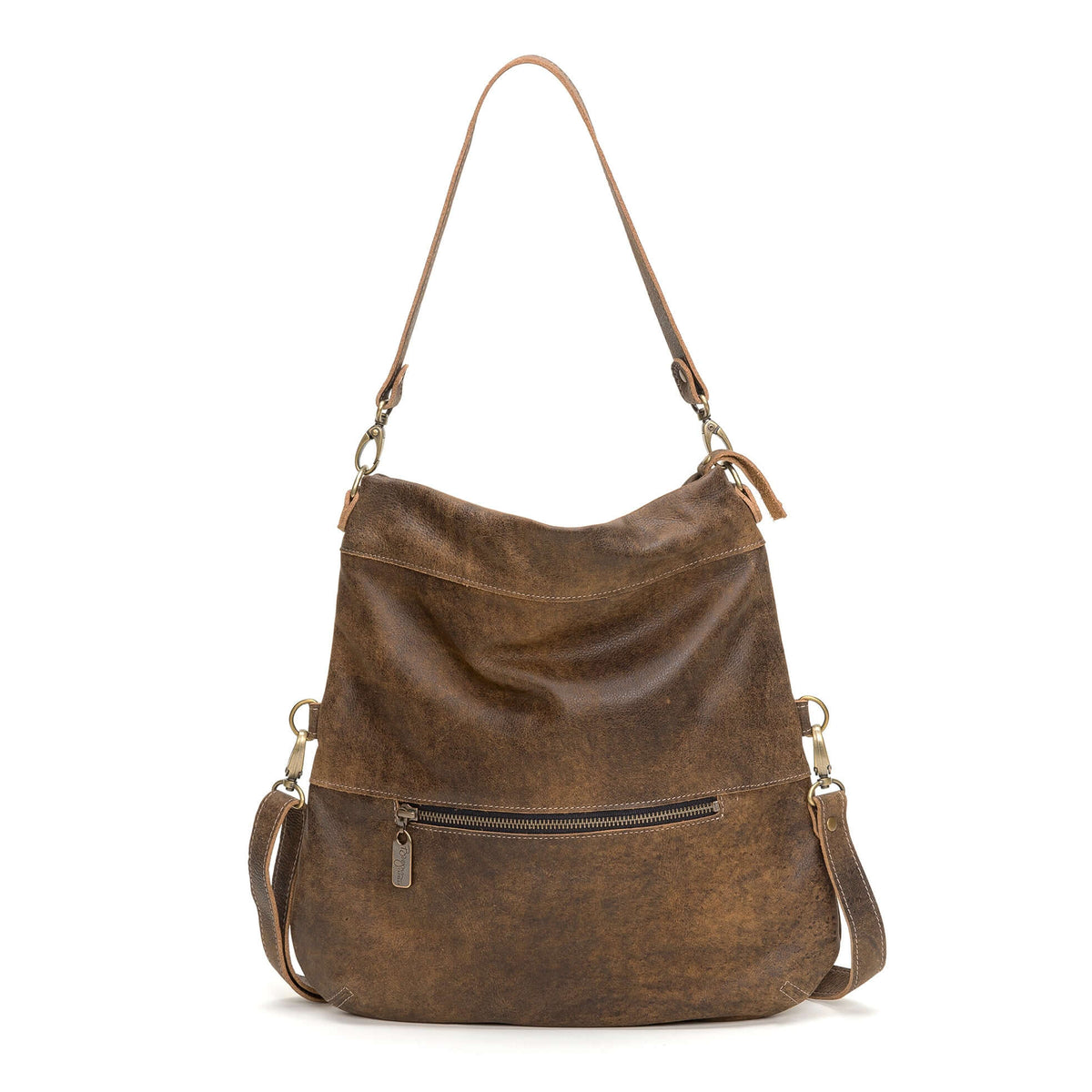 Brown leather handbag with a shoulder and crossbody strap, 6-in-1 convertible style leather crossbody bag. Backside zipper shown.