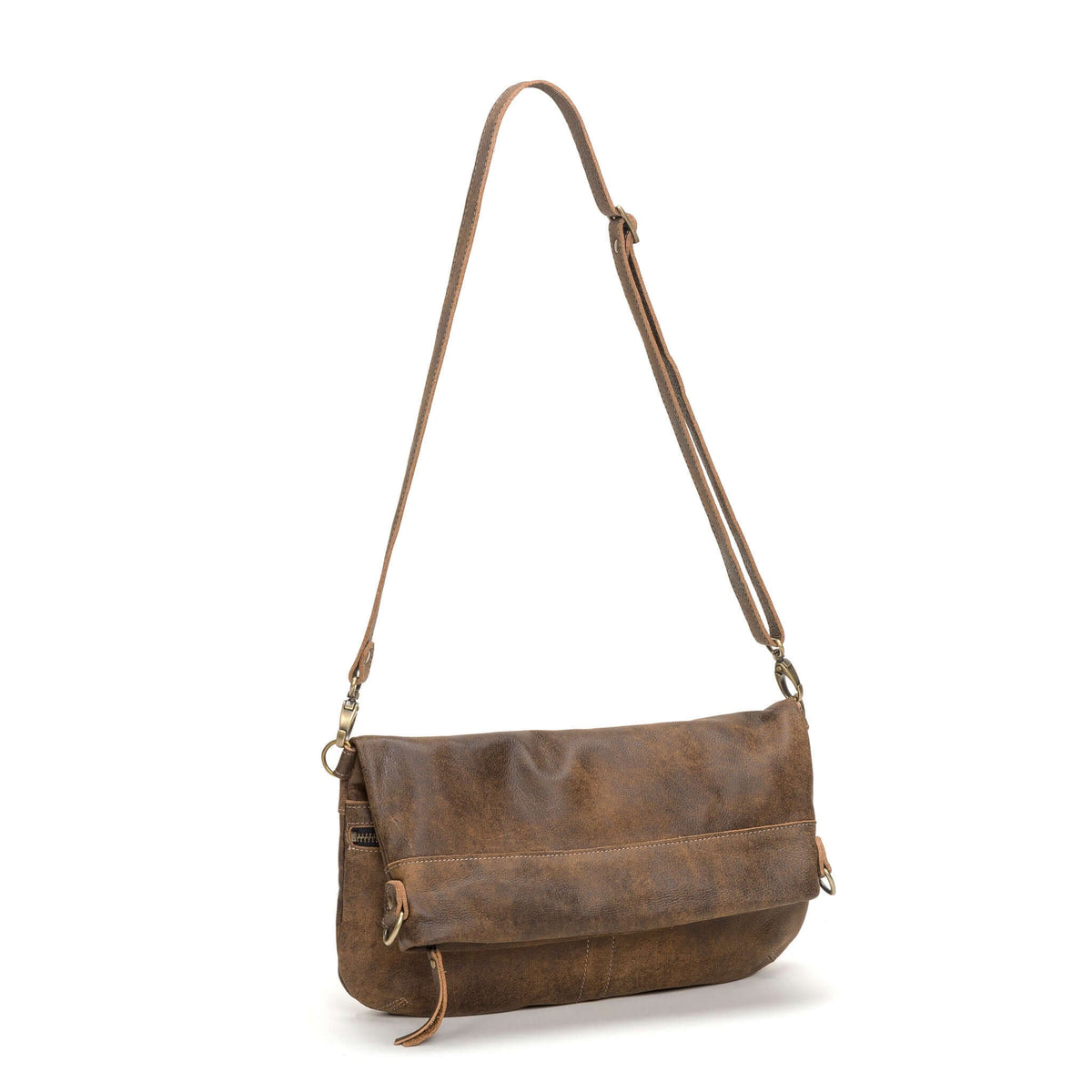 Brown leather handbag with a shoulder and crossbody strap, 6-in-1 convertible style leather crossbody bag. Shown folded over with crossbody strap.