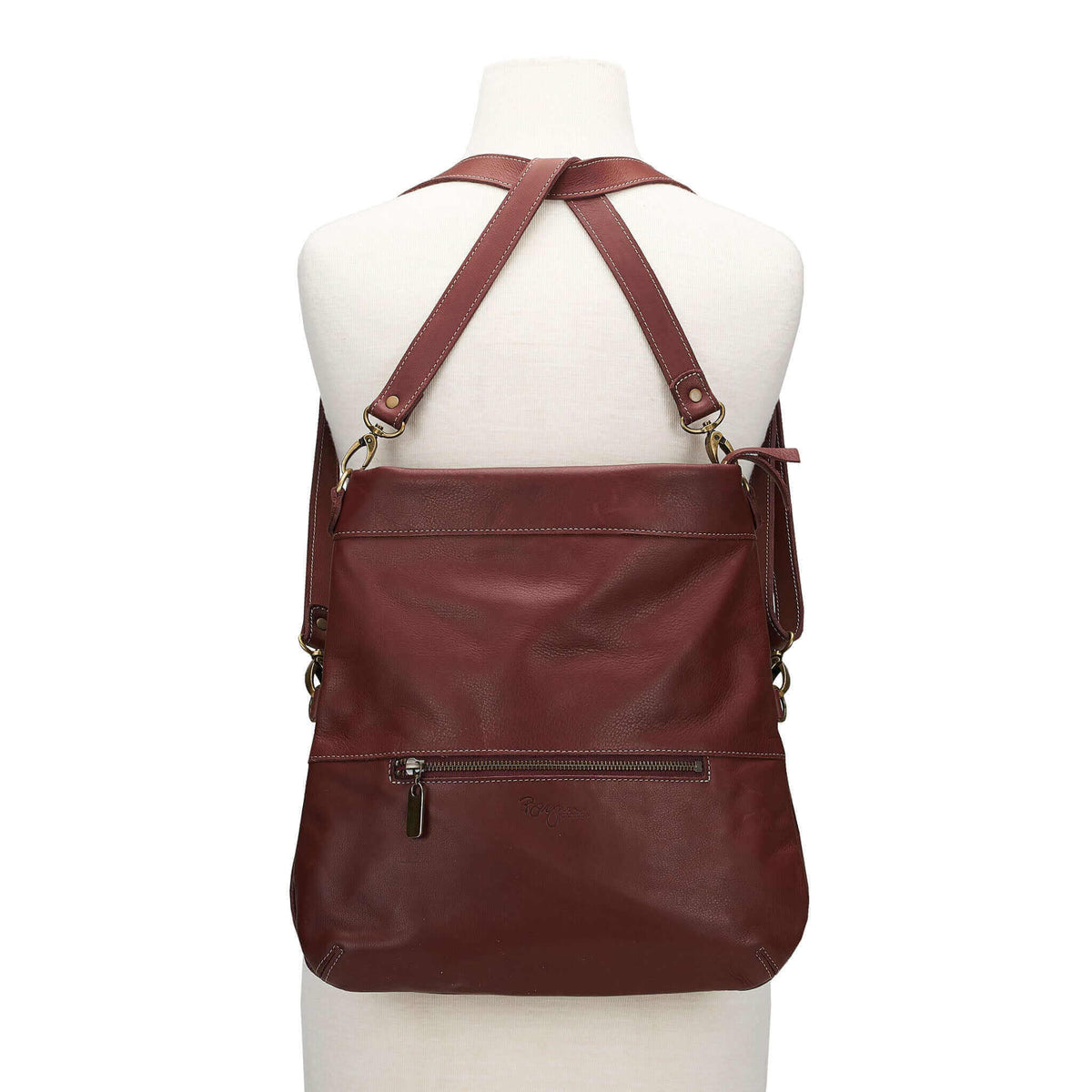 Mini Lauren 6-in-1 Convertible Leather Crossbody Bag in Merlot, shown as a backpack.
