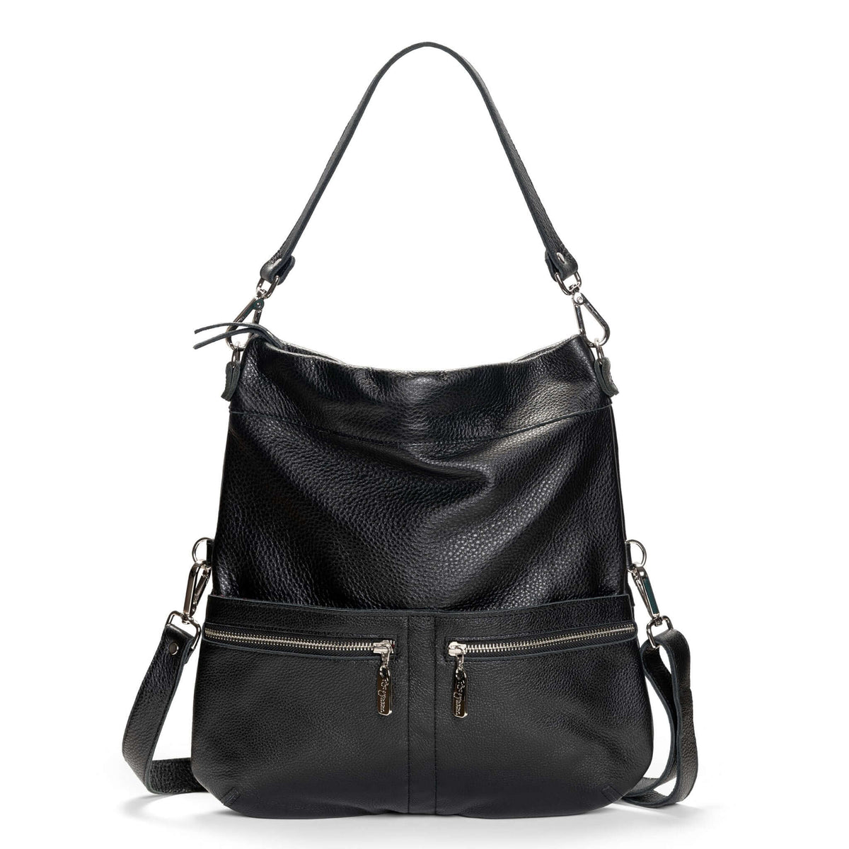 Mini Lauren 6-in-1 convertible leather crossbody bag in black, featuring multiple carrying options and zipper pockets.