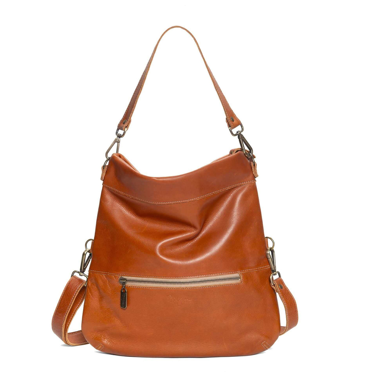 Mini Lauren 6-in-1 convertible leather crossbody bag in whiskey color with adjustable strap.