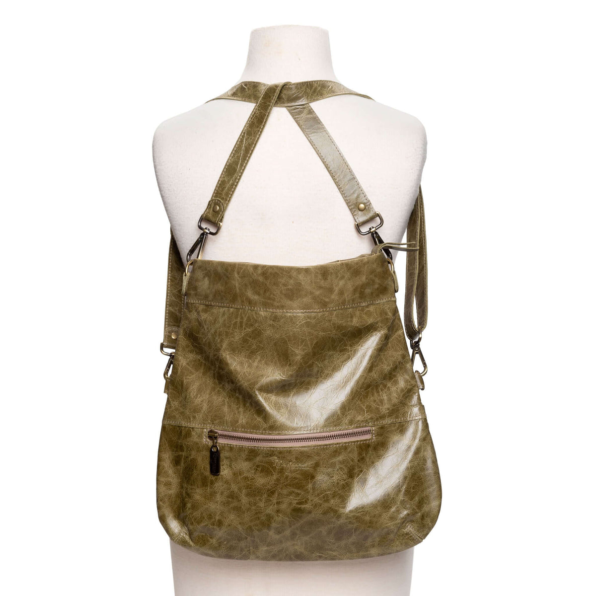  Mini Lauren 6-in-1 convertible leather crossbody bag in olive green with adjustable strap and zippered pockets. Shown as a backpack style.
