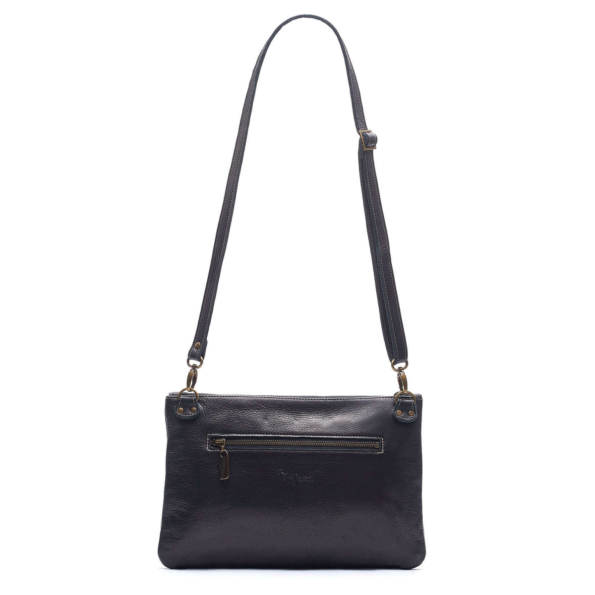 Back view of Studded bag in black full-grain leather convertible clutch-to-crossbody with detachable strap