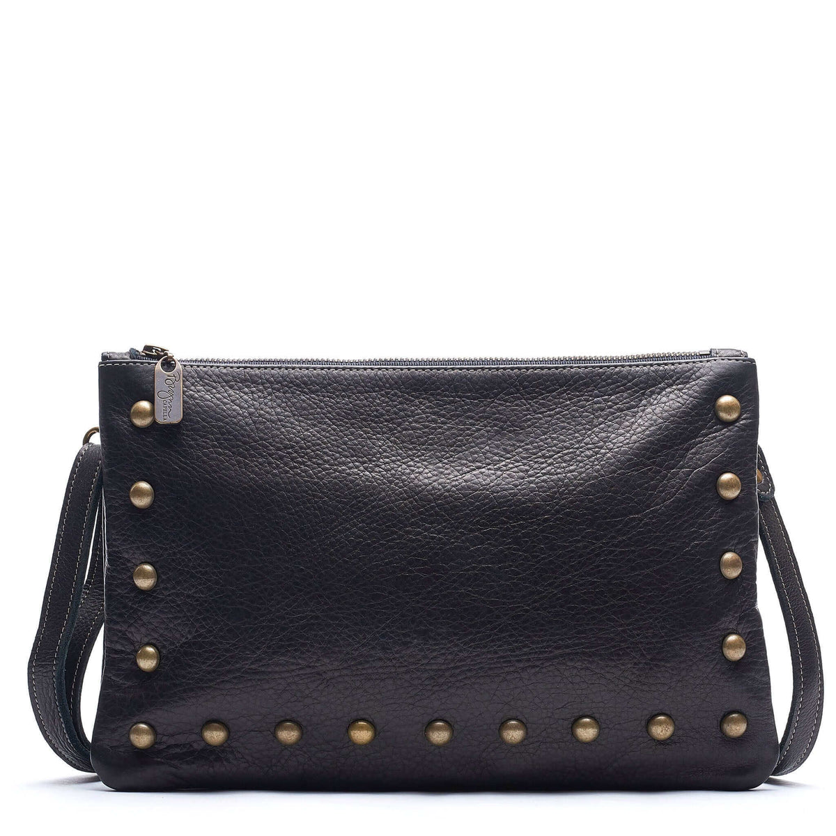 Studded bag in black full-grain leather convertible clutch-to-crossbody with adjustable strap