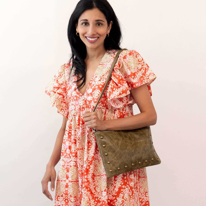 Studded crossbody bag, Green full-grain leather USA made, Handbags, Small Crossbody, Brynn Capella