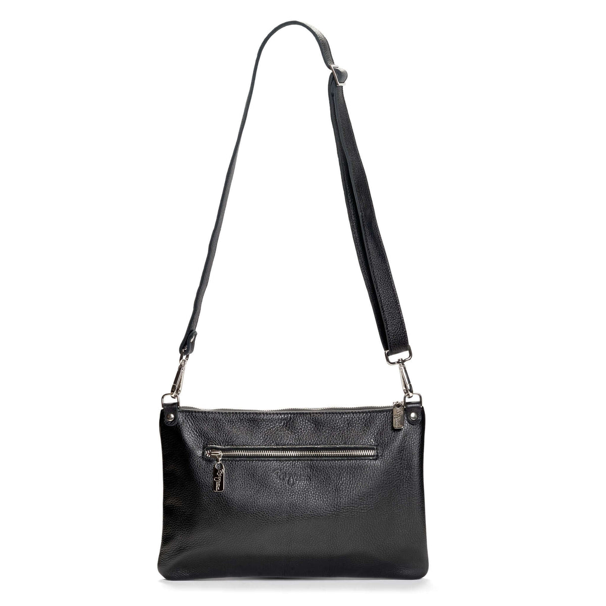 Back view of Studded crossbody bag in black full-grain leather convertible clutch-to-crossbody with detachable strap