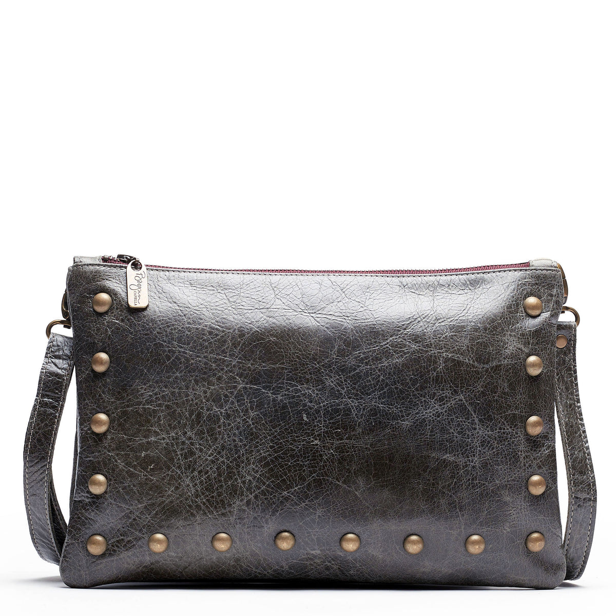 Nikki Studded Crossbody Bag - River Rock with brass studs and adjustable strap, stylish and practical for everyday use.