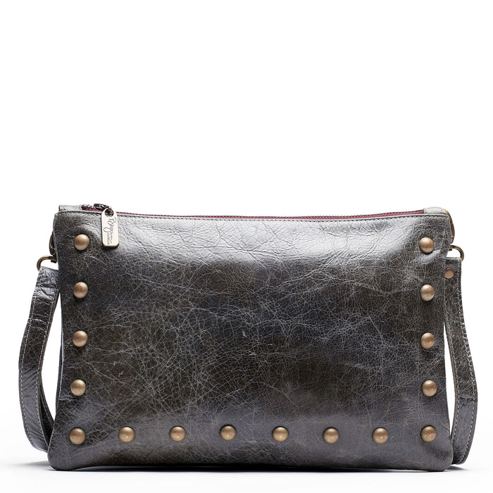 Nikki Studded Crossbody Bag - River Rock with brass studs and adjustable strap, stylish and practical for everyday use.