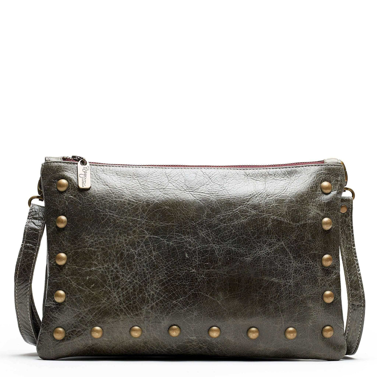 Studded crossbody bag in dark charcoal full-grain leather convertible clutch-to-crossbody with adjustable strap