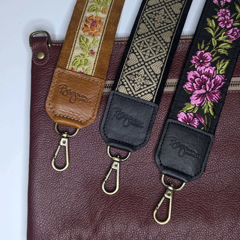 Guitar Bag Strap options featuring floral and woven designs on leather, perfect for enhancing your favorite bag.