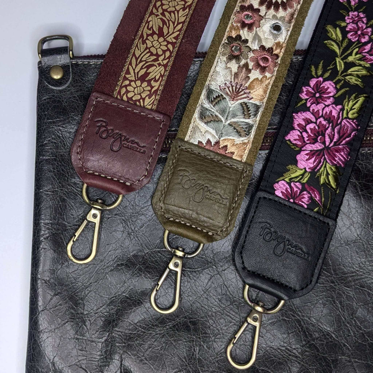 Lizzy Guitar Bag Strap - Maroon Secret Vine, leather trimmed guitar bag strap collection with floral designs.