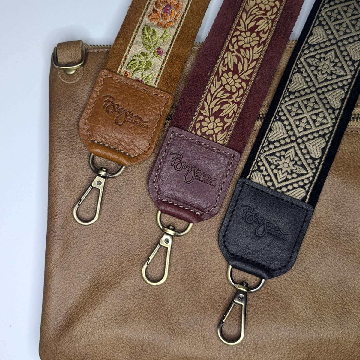 Guitar Bag Strap collection featuring floral and geometric designs with leather trim for stylish accessory upgrade.