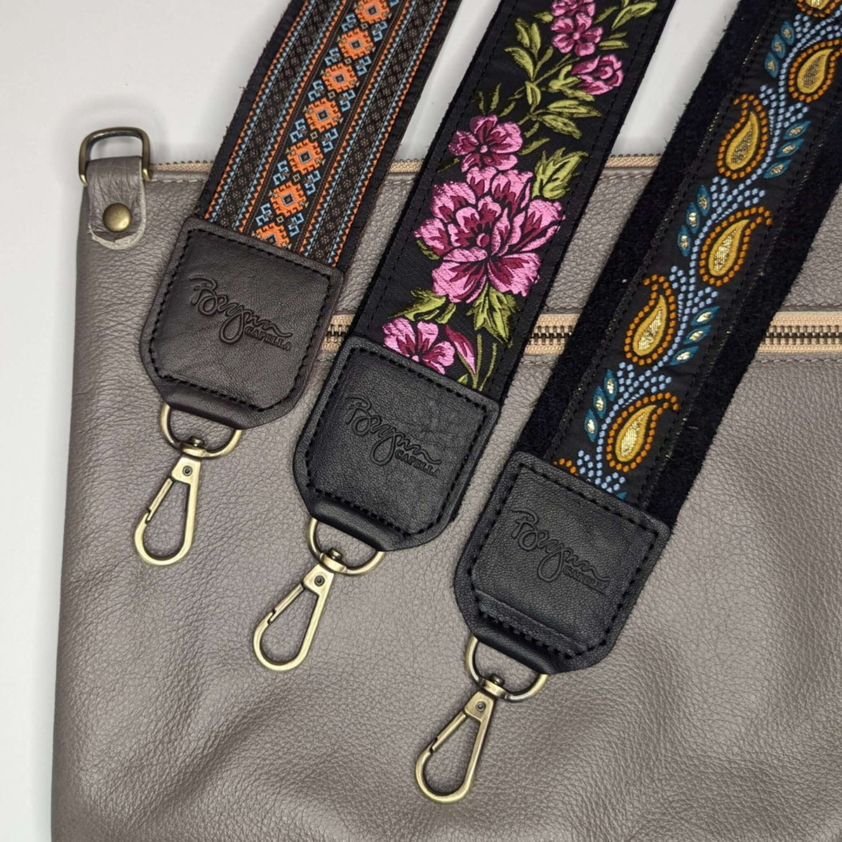 Lizzy Guitar Bag Strap - Golden Paisley and other designs on leather trimmed guitar bag straps.