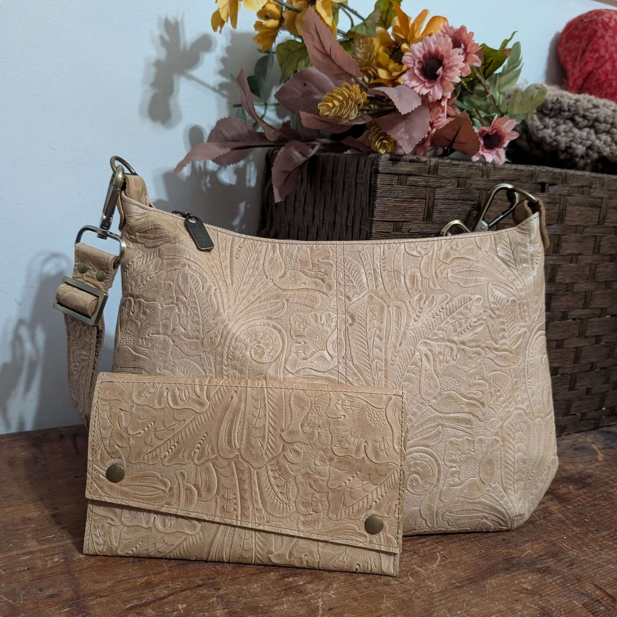 Hobo Crossbody bag, Embossed Tan Italian leather, made in USA, Handbags, Hobo Crossbody, Brynn Capella