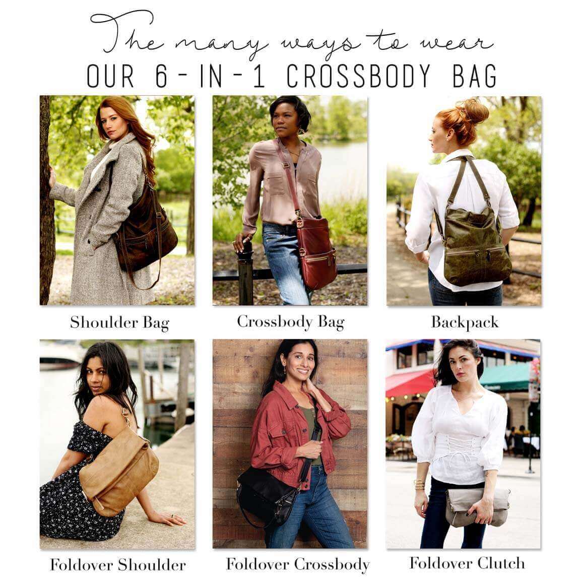 Various styles of wearing our 6-in-1 leather crossbody bag, showcasing versatility in leather crossbody bags.
