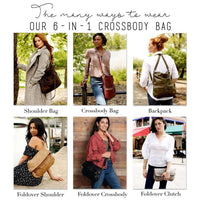 Various styles of wearing our 6-in-1 leather crossbody bag, showcasing versatility in leather crossbody bags.