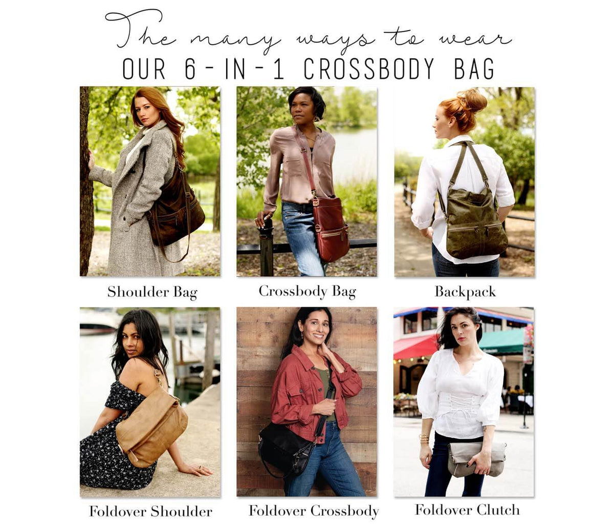 Various styles of the Original Lauren 6-in-1 leather crossbody bag showcased by different women.