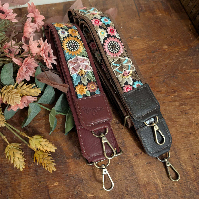 Lizzy Guitar Bag Strap - Midnight Oil Sunflower, durable leather and colorful woven prints, perfect for enhancing your guitar bag.
