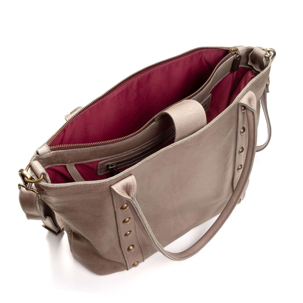Stylish Edie Tote in Stormy Grey showing soft leather and interior details. Perfect Leather Tote bag for work and travel.