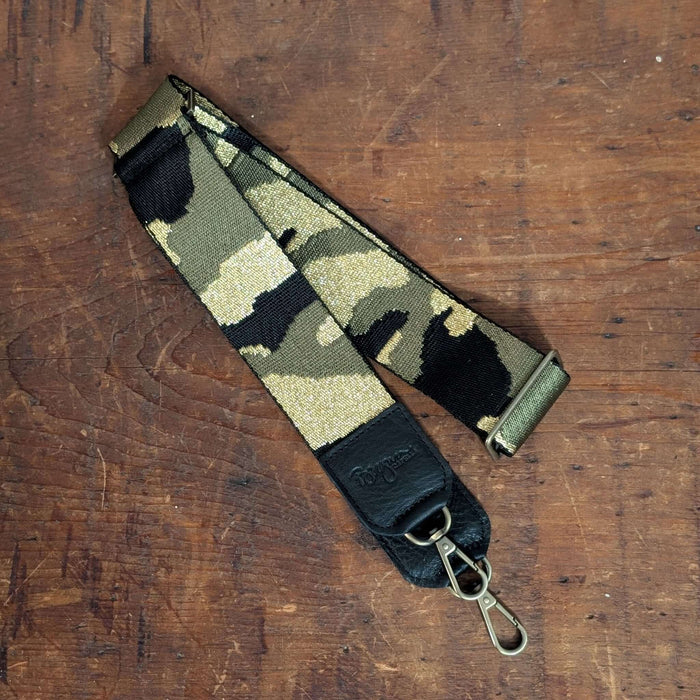 Lizzy Guitar Bag Strap in a Camo webbing with full-grain leather trim with antique brass hardware