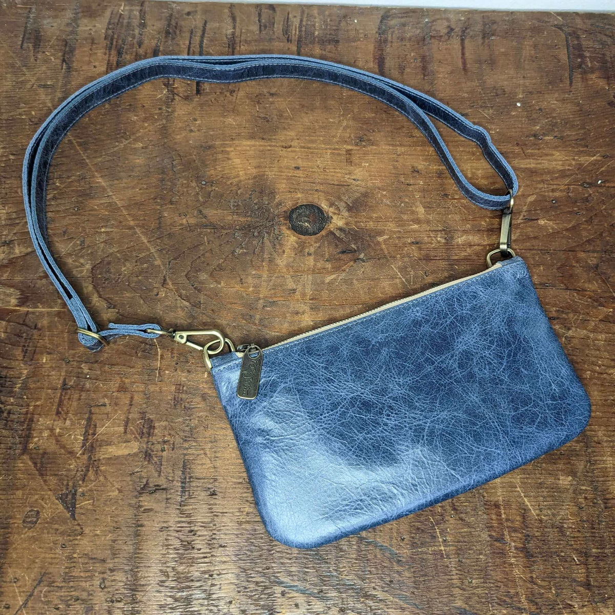 Mini Crossbody Bag in Blue, distressed leather, Made in USA, Handbags, Mini Crossbody, Brynn Capella