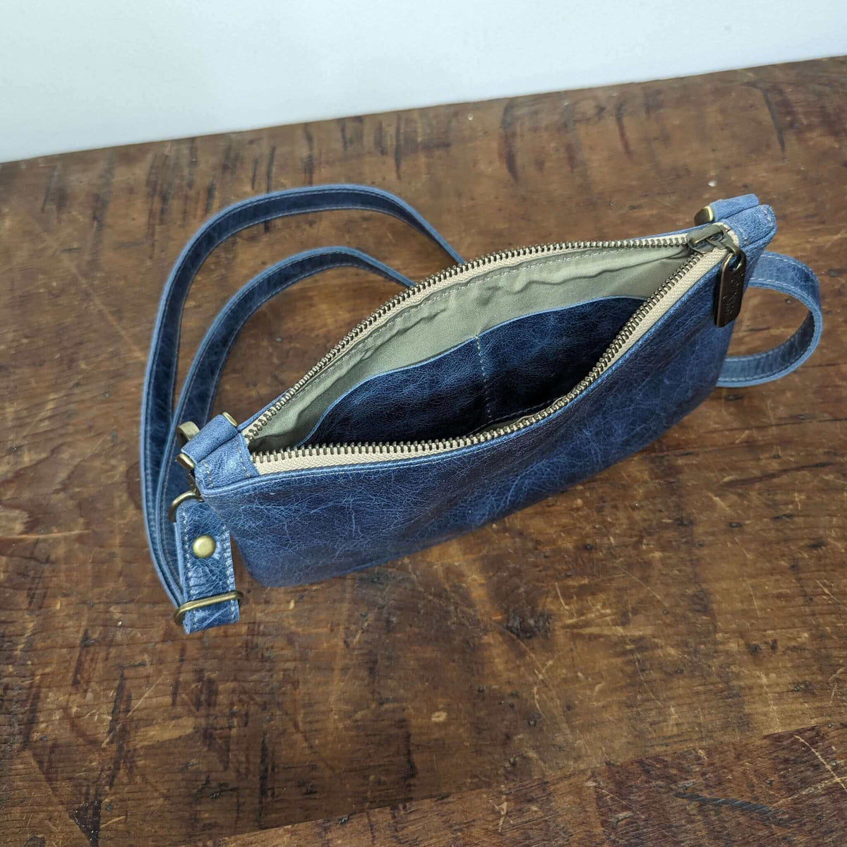 Mini Crossbody Bag in Blue, distressed leather, Made in USA, Handbags, Mini Crossbody, Brynn Capella