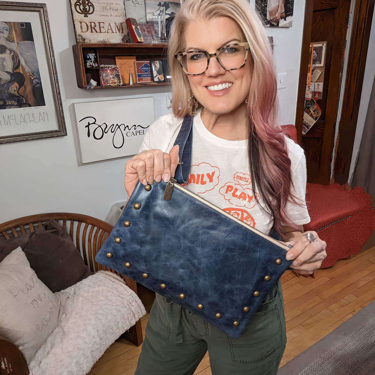 Studded crossbody bag, Blue full-grain leather USA made, Handbags, Small Crossbody, Brynn Capella