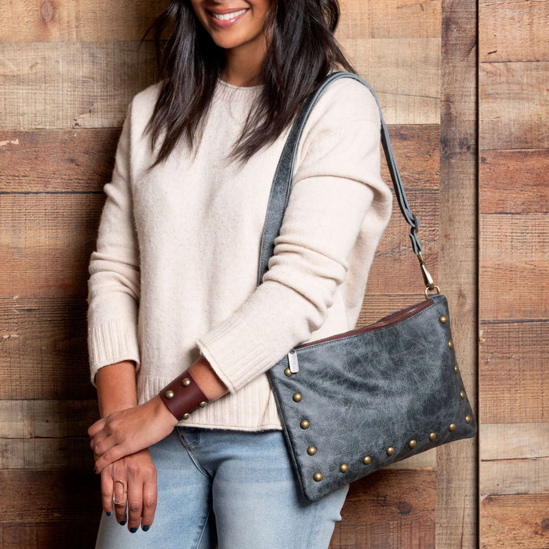 Studded crossbody bag, Blue/Grey full-grain leather USA made, Handbags, Small Crossbody, Brynn Capella