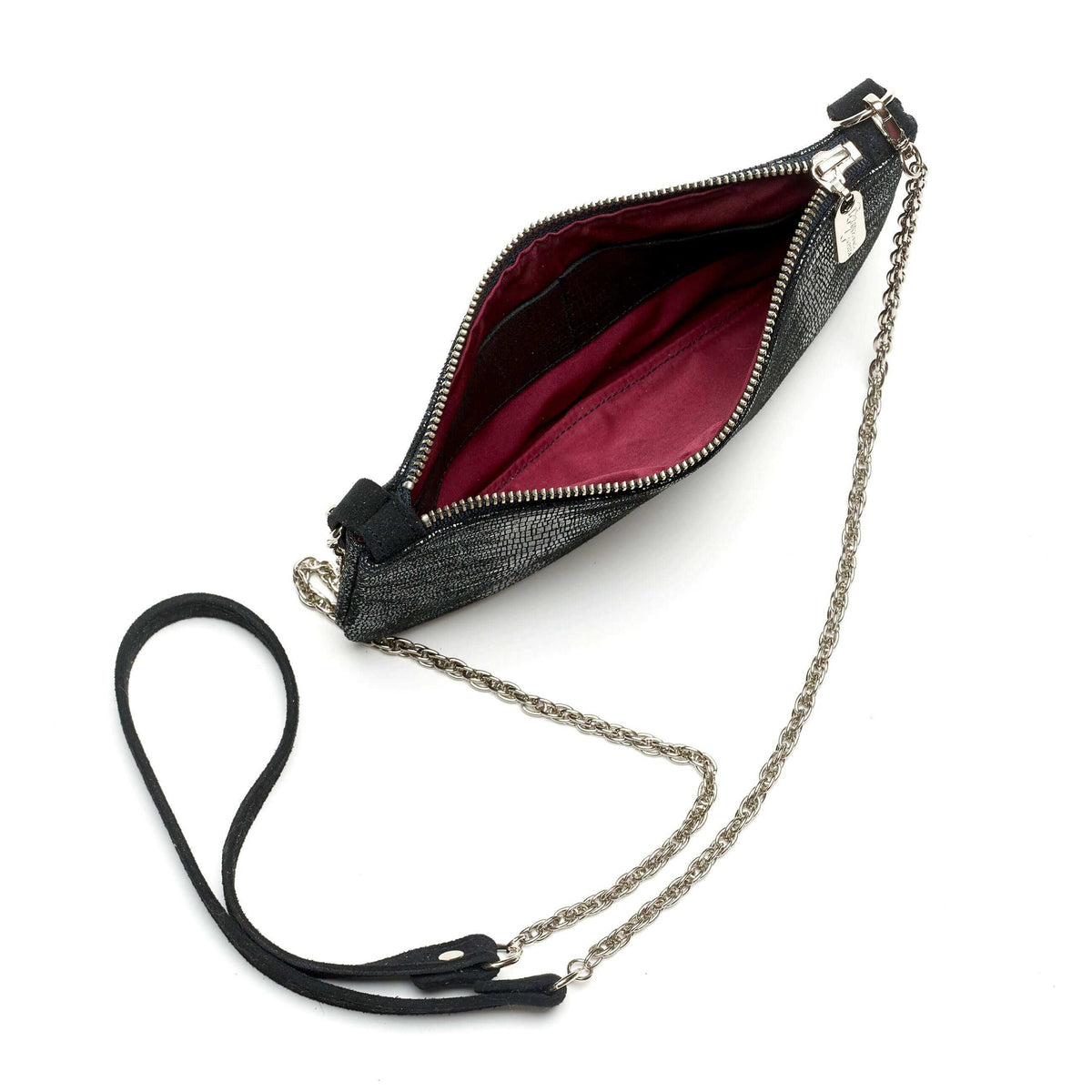 Black Mini Leather Crossbody, Lizard Print, Brynn Capella, Made in the USA