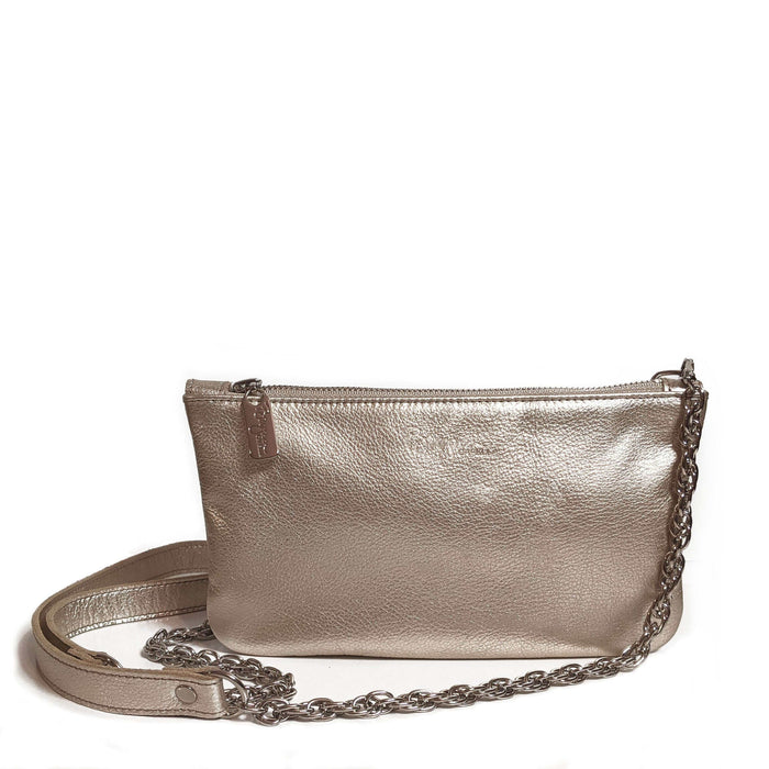 Cher Chain Crossbody - Champagne metallic leather bag with chain strap.