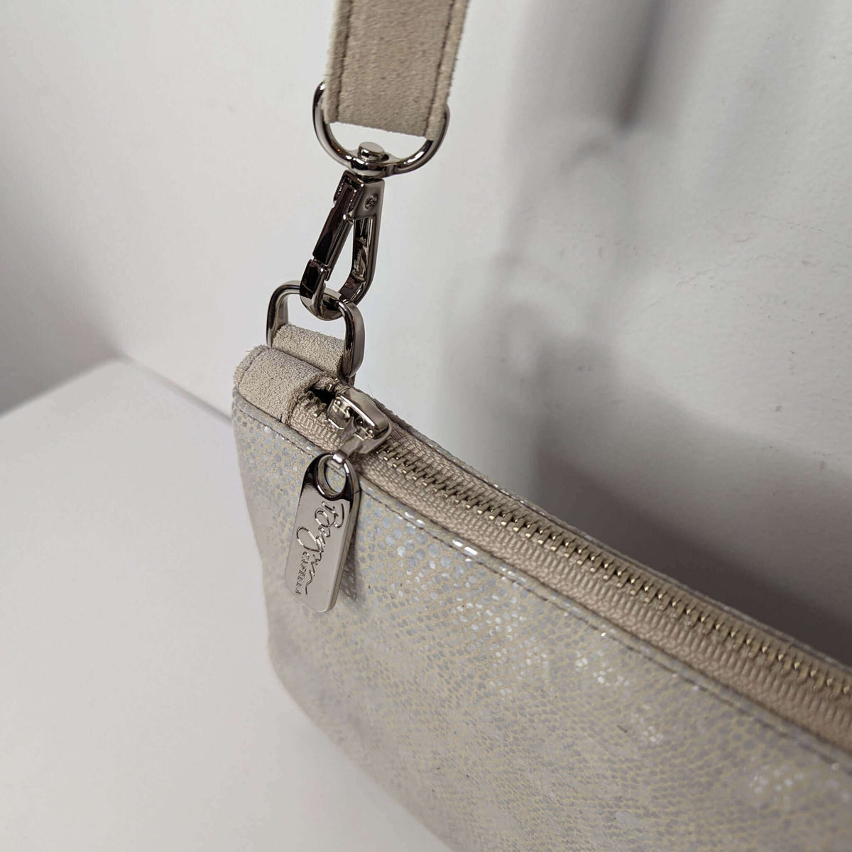 Printed Cream Suede mini crossbody with bulit in wallet, USA, Brynn Capella