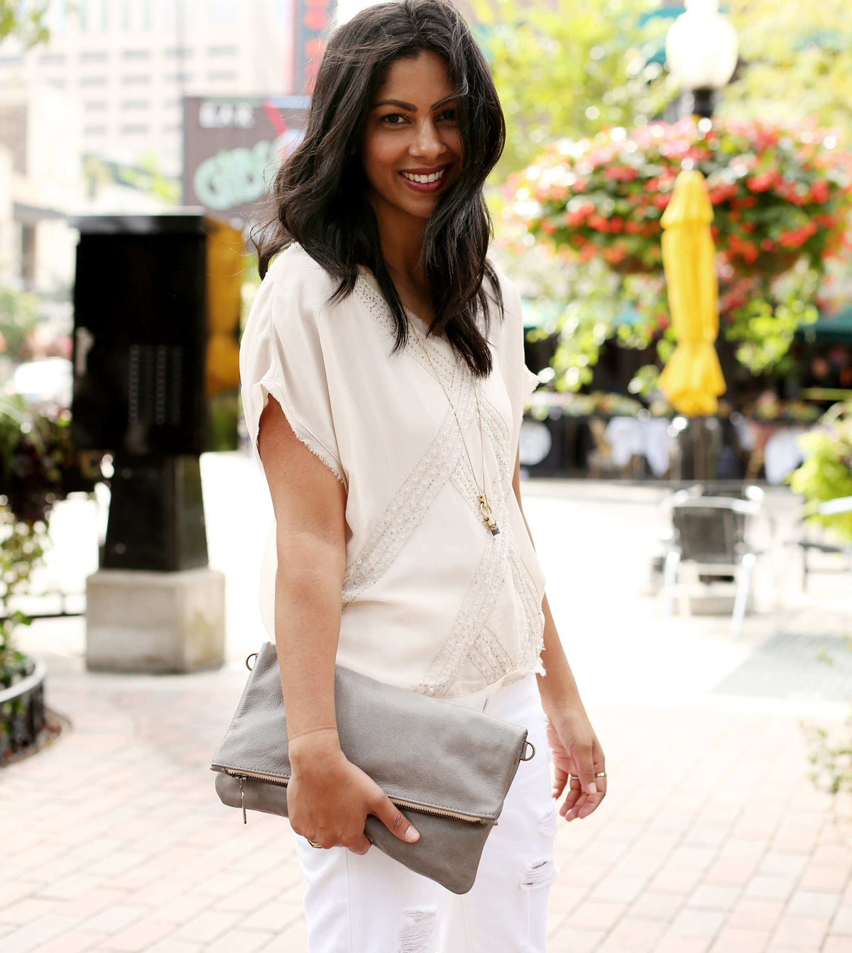 Leather Foldover Crossbody bag, clutch, grey, made in USA, Handbags, Small Crossbody, Brynn Capella