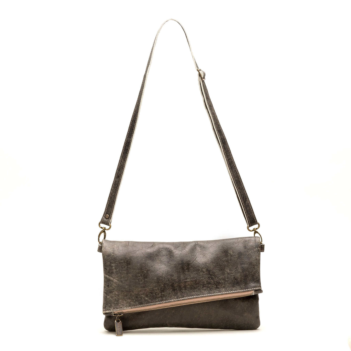 Leather Foldover Crossbody bag, clutch, charcoal, made in USA, Handbags, Small Crossbody, Brynn Capella