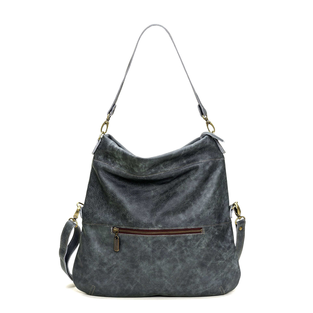 Original Lauren leather crossbody bag in slate gray with adjustable strap and zippered pocket.