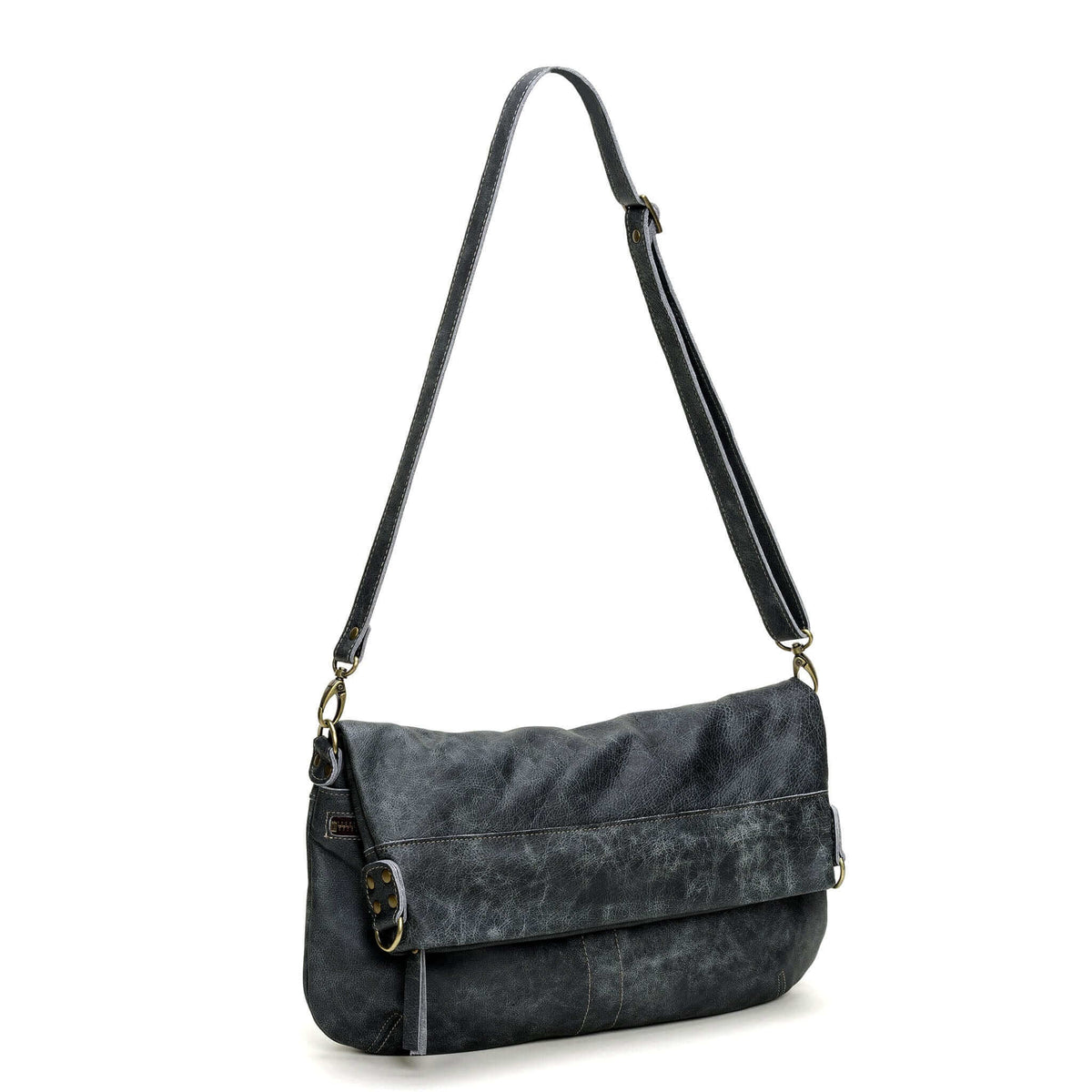 Original Lauren leather crossbody bag in gray, versatile design with adjustable strap and foldover feature.