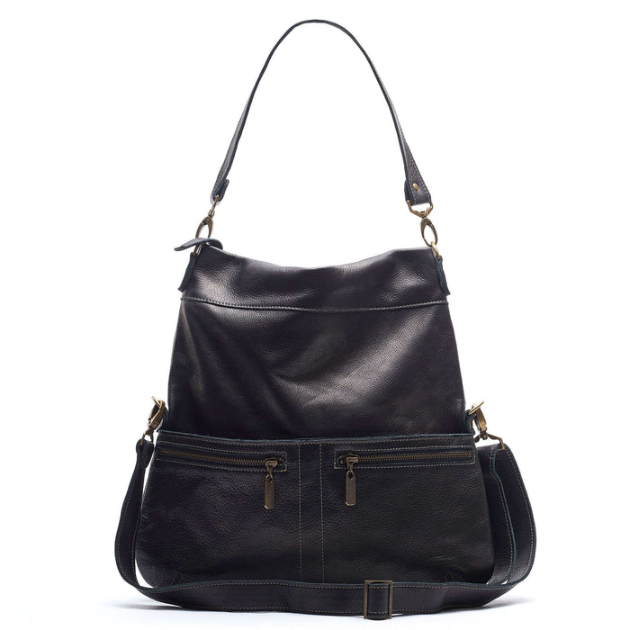 Original Lauren 6-in-1 leather crossbody bag in black sand with multiple pockets and compartments.