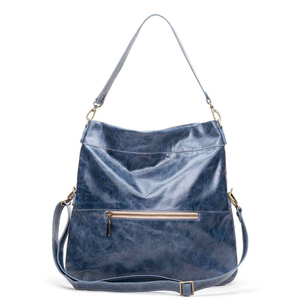 Stylish blue leather crossbody bag with adjustable strap and front zipper pocket.